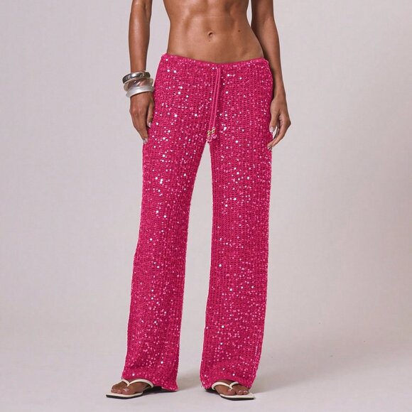 Hot Pink Womens drawstring Wide Leg Crochet sequin coverup pants Trouser